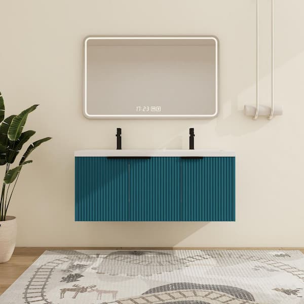 47.6 in. W x 18.3 in. D x 20.6 in. H Wall Mounted Double Lake blue Bath Vanity with White Resin Top