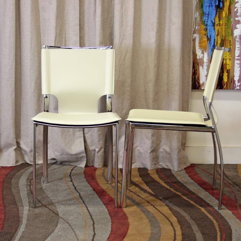 Ivory Leather and Chrome Modern Dining Chairs, Set of 2