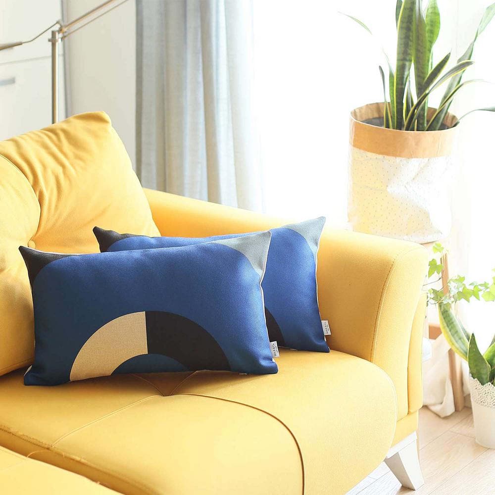 Boho-Chic Blue and Black Polyester Lumbar Pillow Covers, Set of 2