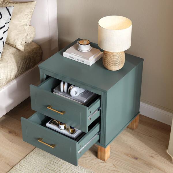 20.47 in. Blue 2 Drawer Nightstand, Solid Wood Legs MDF Frame with Fluted Design Metal Handle for Bedroom