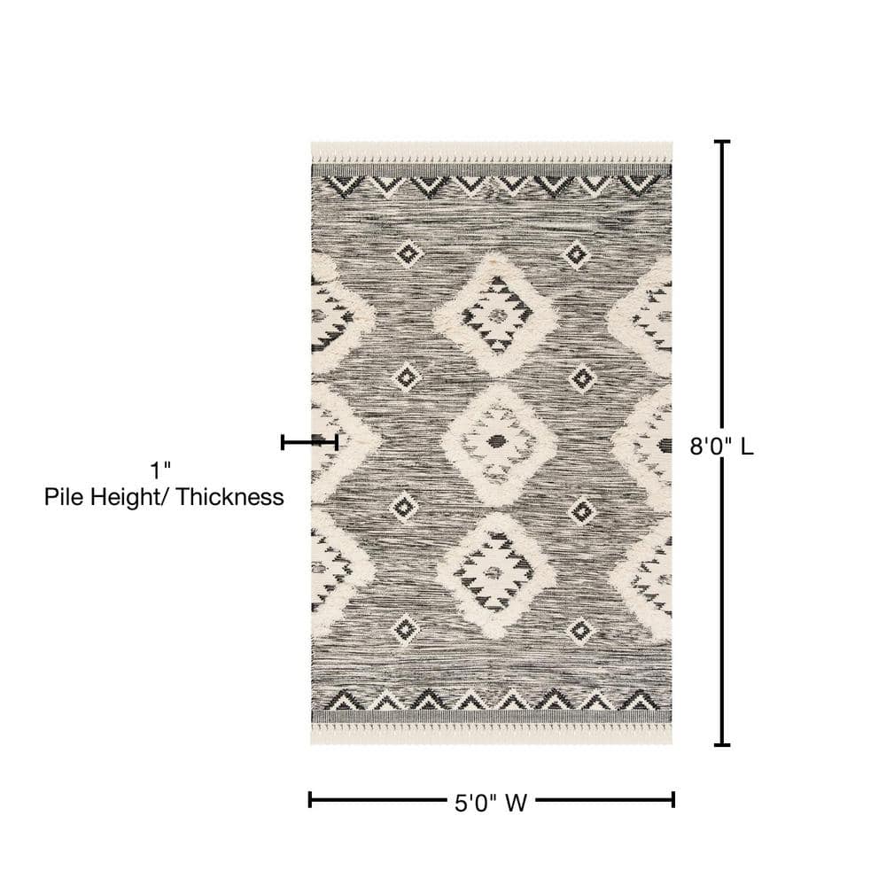 Hand-Knotted Black and Ivory Wool Geometric Area Rug