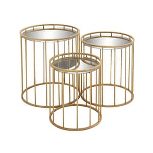 18 in. Gold Round Mirrored End Table with 3-Pieces