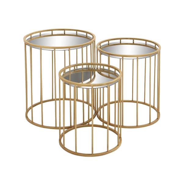 Litton Lane 18 in. Gold Round Mirrored End Table with 3-Pieces