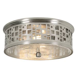 Roscoe 11 in. 2-Light Satin Nickel Flush Mount with Steel/Seeded Glass Shade