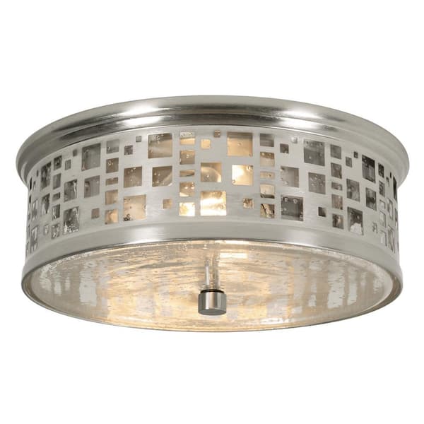 Roscoe 11 in. 2-Light Satin Nickel Flush Mount with Steel/Seeded Glass Shade