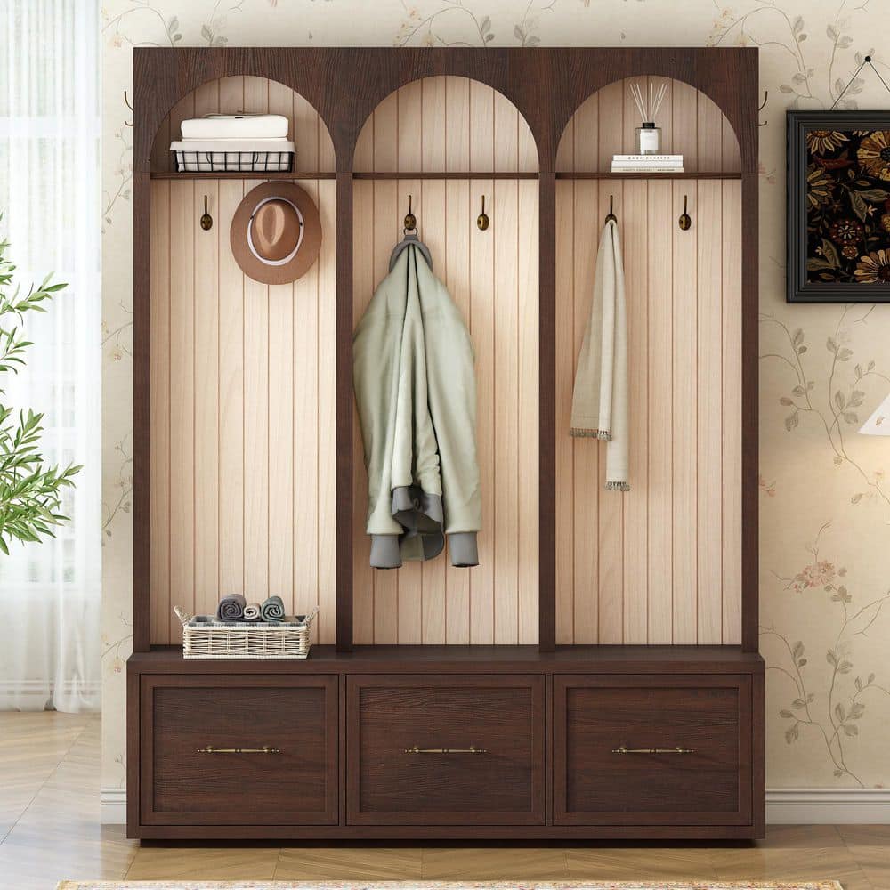 Dark Walnut MDF Wood Hall Tree with 8 Retro Hooks and 3 Drawers price history on PriceWatchPro