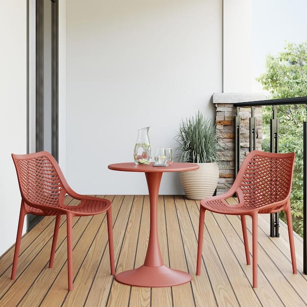 Frond and Form Outdoor Patio Poly Plastic Stacking Curved Dining Side Chair (Set of 2), Red