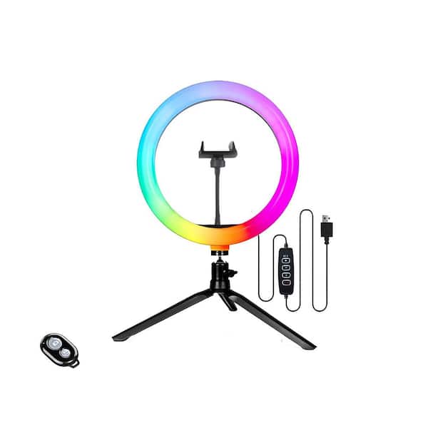 10 in. RGB Ring Light with Desktop Tripod Stand 16 Colors Dimmable Modes Phone Holder for Makeup Videos Vlog
