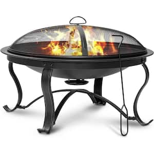 26 in. Outdoor Firepit Bowl with Spark Screen Cover and Log Grate in Black