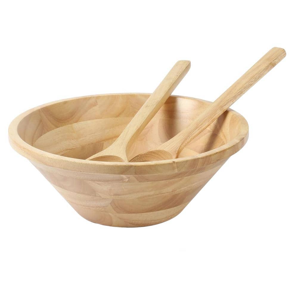 MARTHA STEWART Coban 13 in. 56 fl. oz. Light Brown Wood Rubber Wood Salad Serving Bowl and Servers (Set of 3)