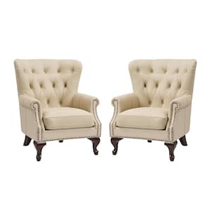 Eberhard Beige Genuine Leather Arm Chair with Nailhead Trims and Removable Cushion Set of 2