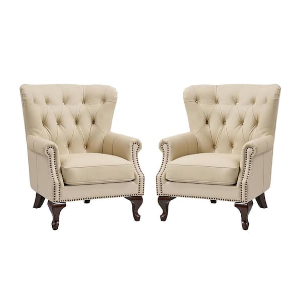 JAYDEN CREATION Eberhard Beige Genuine Leather Arm Chair with Nailhead Trims and Removable Cushion Set of 2