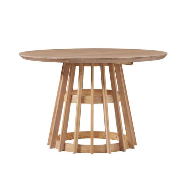 Round Japandi Cerused White Wood 48 in. Pedestal Dining Table, Seats 4