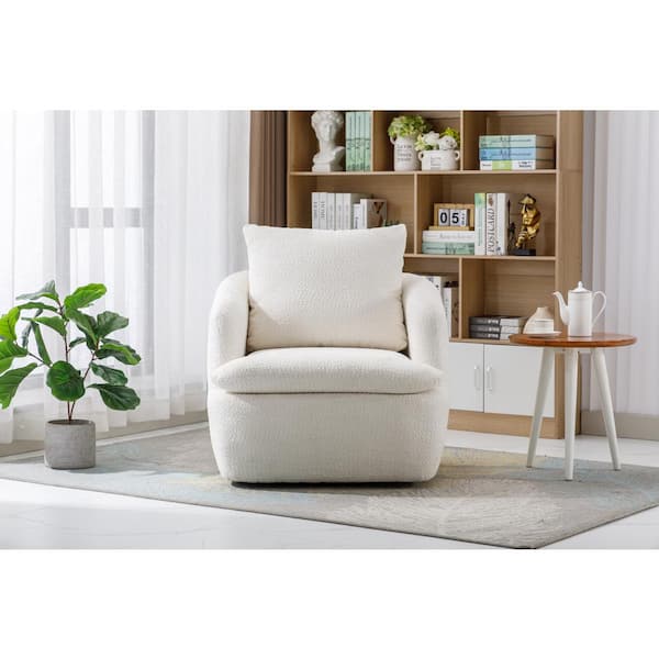 Cream White Polyester Accent Chair Velvet Armchair with Lumbar Pillow for Living Room