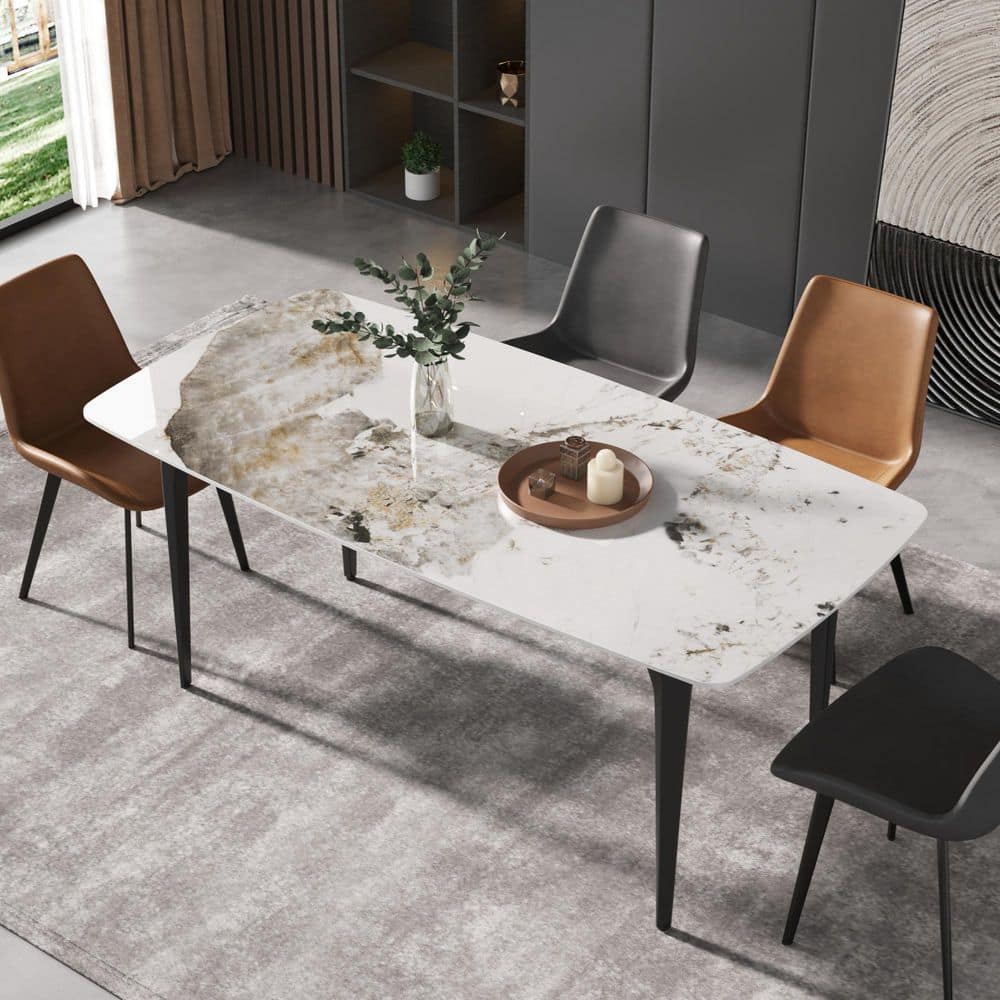 70.87 in. Rectangle Round Edge Pandora Sintered Stone Top Black Metal 4 Legs Dining Table (Seats 6)