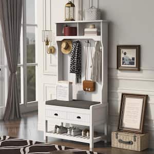 White 3-in-1-Design Hall Tree with 2-Open Shelves, 4-Hooks and 2-Drawers