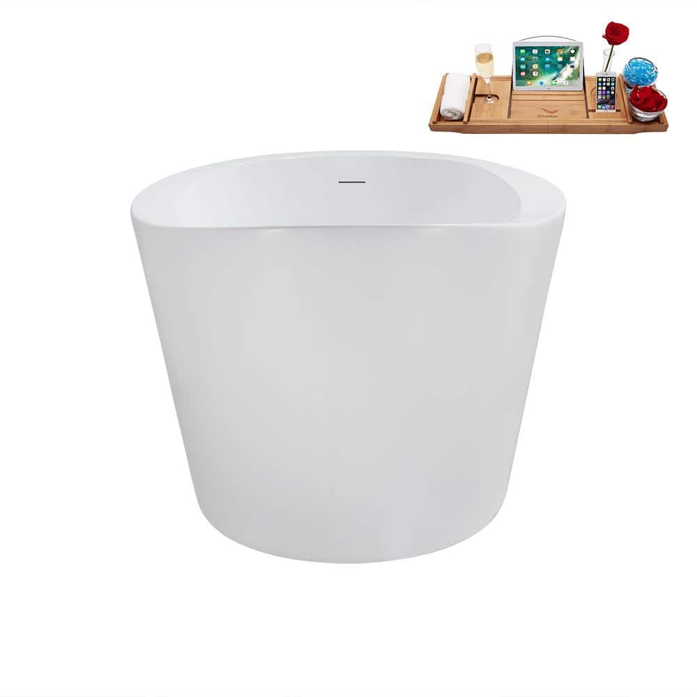 Glossy White Acrylic Freestanding Soaking Bathtub with Brushed Gold Drain