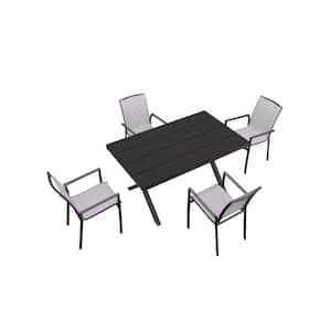5-Piece Aluminum Standard Height Outdoor Dining Table Set with Textilene Backrest and Plastic Wood Tabletop
