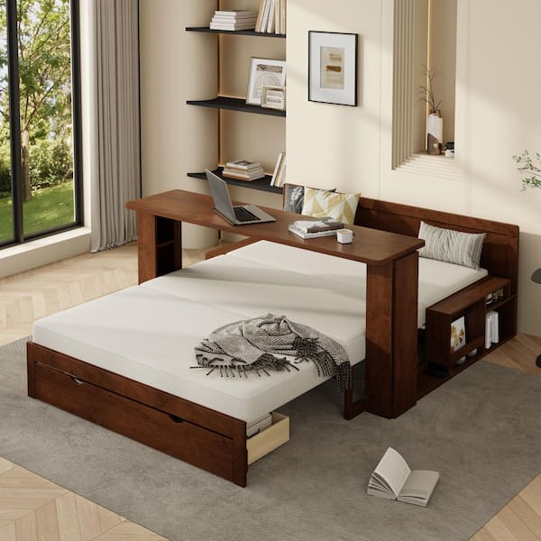 Espresso Full Size Daybed Convertible Platform bed with Removable Desk, Storage Drawer, Hydraulic Side Table