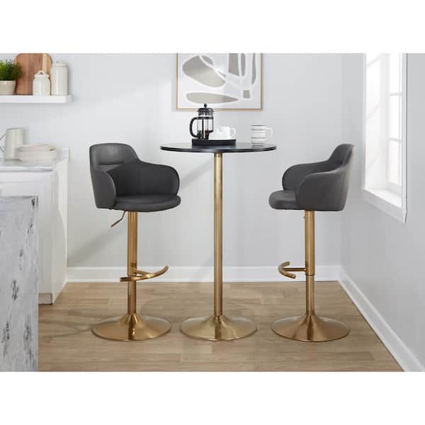 LumiSource Boyne 33 in. Grey Faux Leather and Gold Metal Adjustable Bar Stool with Rounded T Footrest (Set of 2)