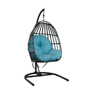 Indoor Outdoor Wicker Hanging Collapsible Egg Chair with Olefin Cushion and Metal Stand