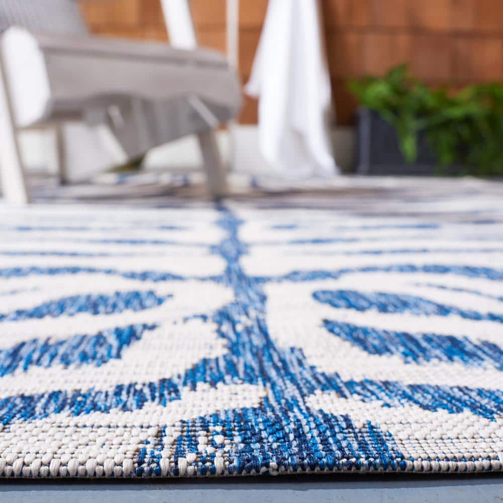 Ivory and Navy Square Stain-Resistant Cotton Outdoor Rug
