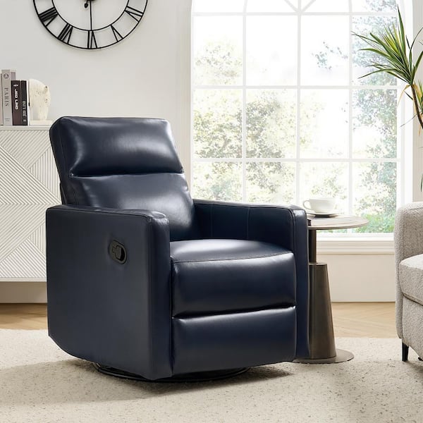 JAYDEN CREATION Benito Modern Genuine Leather Swivel Rocker Recliner with Adjustable Headrest-Navy
