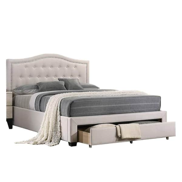 Benjara Buk Beige Wood Frame Full Size Platform Bed with Storage Nailhead