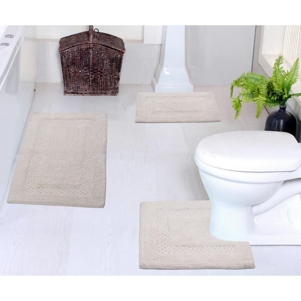 Classy 100% Cotton Bath Rugs Set, Machine Wash, 3-Pcs Set with Contour, Ivory