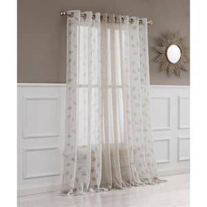 Cascade Beige Linen Look Boho Floral, 1 Solid Panel and 2 Floral Designed (Set of 3) Curtain Panels 38"W in x 84"L in