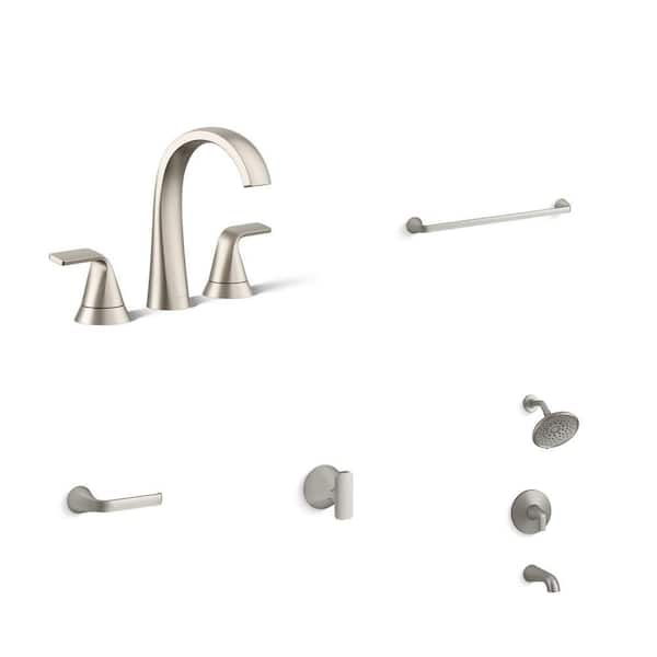 Cursiva Brushed Nickel Bathroom Faucet, 24 in. Towel Bar, Toilet Paper Holder, Robe Hook and Shower Faucet Combo