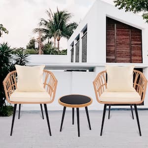 3-Piece Wicker Outdoor Bistro Patio Conversation Set with Side Table, Beige Cushions and Lumbar Pillows