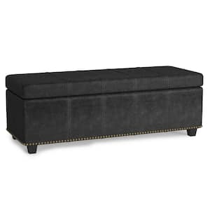 Kingsley 48 in. Wide Transitional Rectangle Large Storage Ottoman in Distressed Black Faux Air Leather
