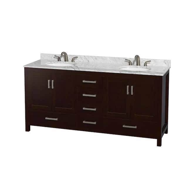 Wyndham Collection Sheffield 72 in. W x 22 in. D x 35 in. H Double Bath Vanity in Espresso with White Carrara Marble Top