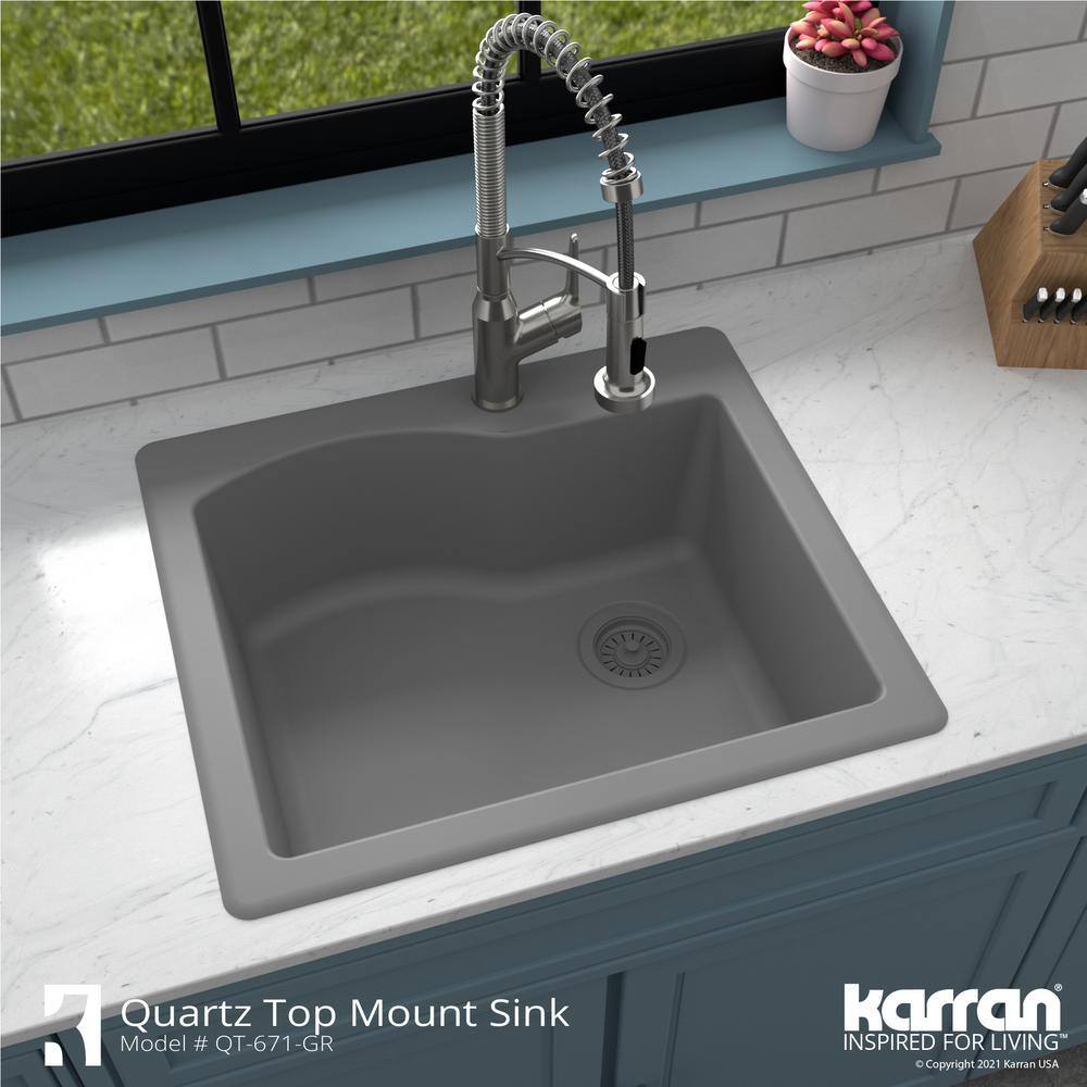 Gray Quartz Composite Single Bowl Drop-In Kitchen Sink