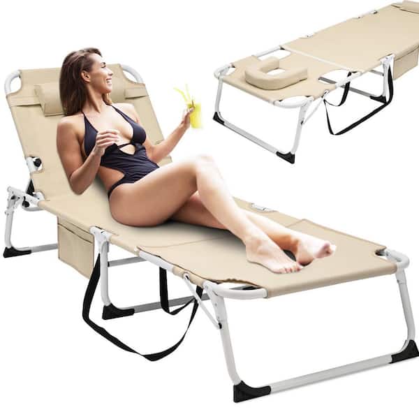 ABORON 3 in 1 Folding Sun Tanning Chair Metal Outdoor Oversized Chaise Lounge Chairs with Beige Cushions Patio Chaise Chair