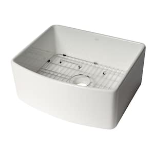 24 in. Farmhouse/Apron-Front Single Bowl White Fireclay Kitchen Sink Workstation with Bottom Grid included
