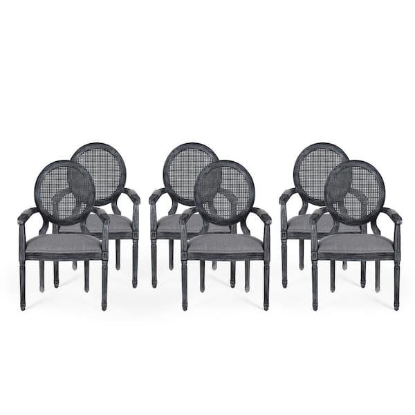 Noble House Huller Gray Wood and Cane Arm Chair (Set of 6)