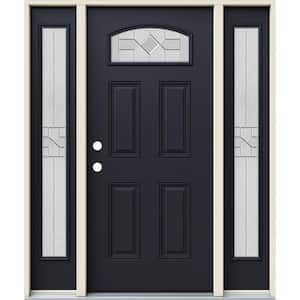 60 in. x 80 in. Right-Hand Camber Top Caldwell Decorative Glass Black Fiberglass Prehung Front Door w/Sidelites