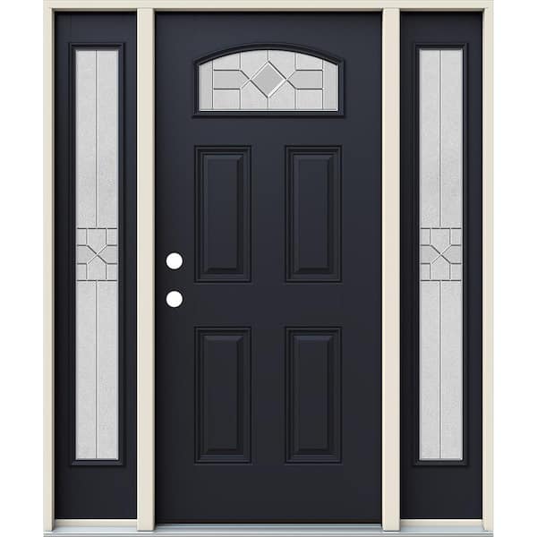 JELD-WEN 60 in. x 80 in. Right-Hand Camber Top Caldwell Decorative Glass Black Fiberglass Prehung Front Door w/Sidelites