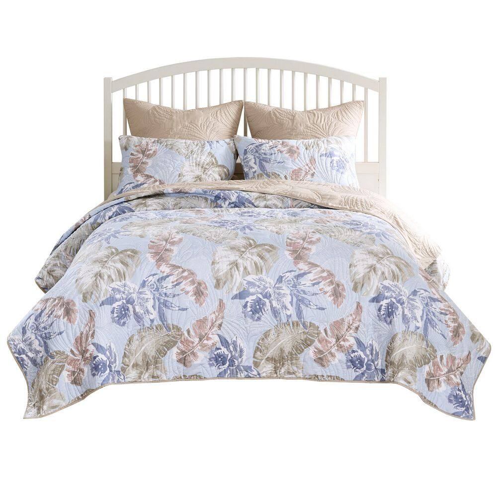 Mist Blue and Khaki Reversible Microfiber Full Quilt Set