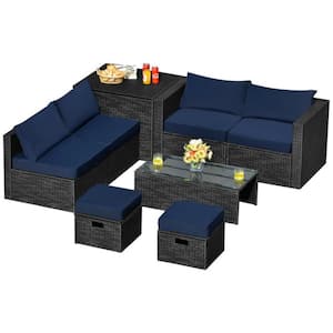 8-Piece Wicker Patio Conversation Set Furniture Set with Navy Cushions, Storage Box and Waterproof Cover