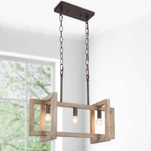 Modern Farmhouse Brown Wood Island Chandelier 3-Light Rustic Bronze Industrial Rectangular Hanging Ceiling Lamp