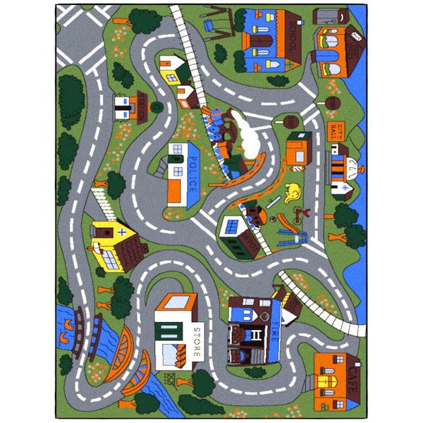 Ottomanson Kid's Collection Non-Slip Rubberback Educational Town Traffic Play 3x5 Area Rug, 3 ft. 3 in. x 5 ft., Green/Multicolor