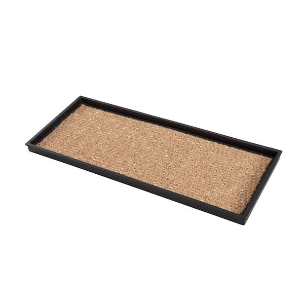 Anji Mountain 34.5 in. x 14 in. x 1.5 in. Natural & Recycled Rubber Boot Tray with Cross Embossed Coir Insert, Black/ Tan