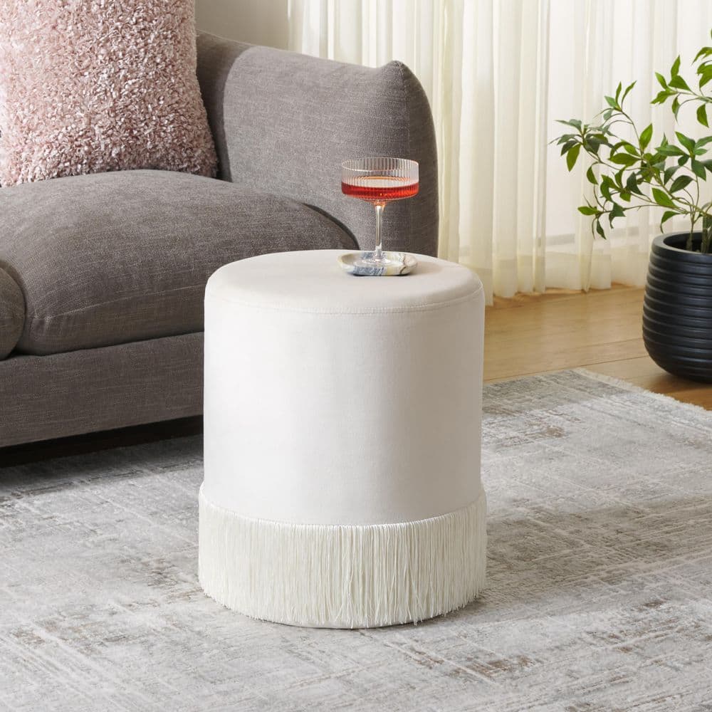 Reika Ivory Velvet Round Accent Ottoman