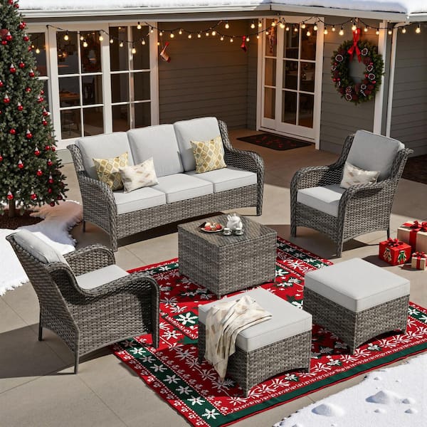 Clario 6-Piece Wicker Patio Conversation Set with Gray Cushion, 2 Ottomans, 2 Single Chair & Coffee Table