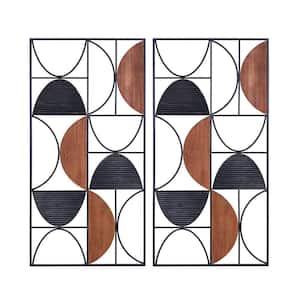 Set of 2 Modern Metal and Wood Wall Panel with Dark Wood and Black Metal Finish