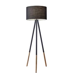 60.25 in. Black 1 Light 1-Way (On/Off) Tripod Floor Lamp for Liviing Room with Cotton Round Shade