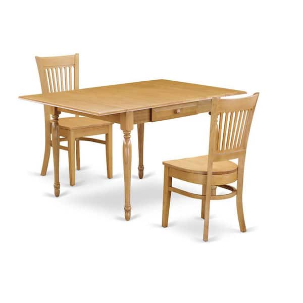 East West Furniture 3-Piece Natural Brown Oak Finish Solid Wood Top with Dropleaf Dining Table Set